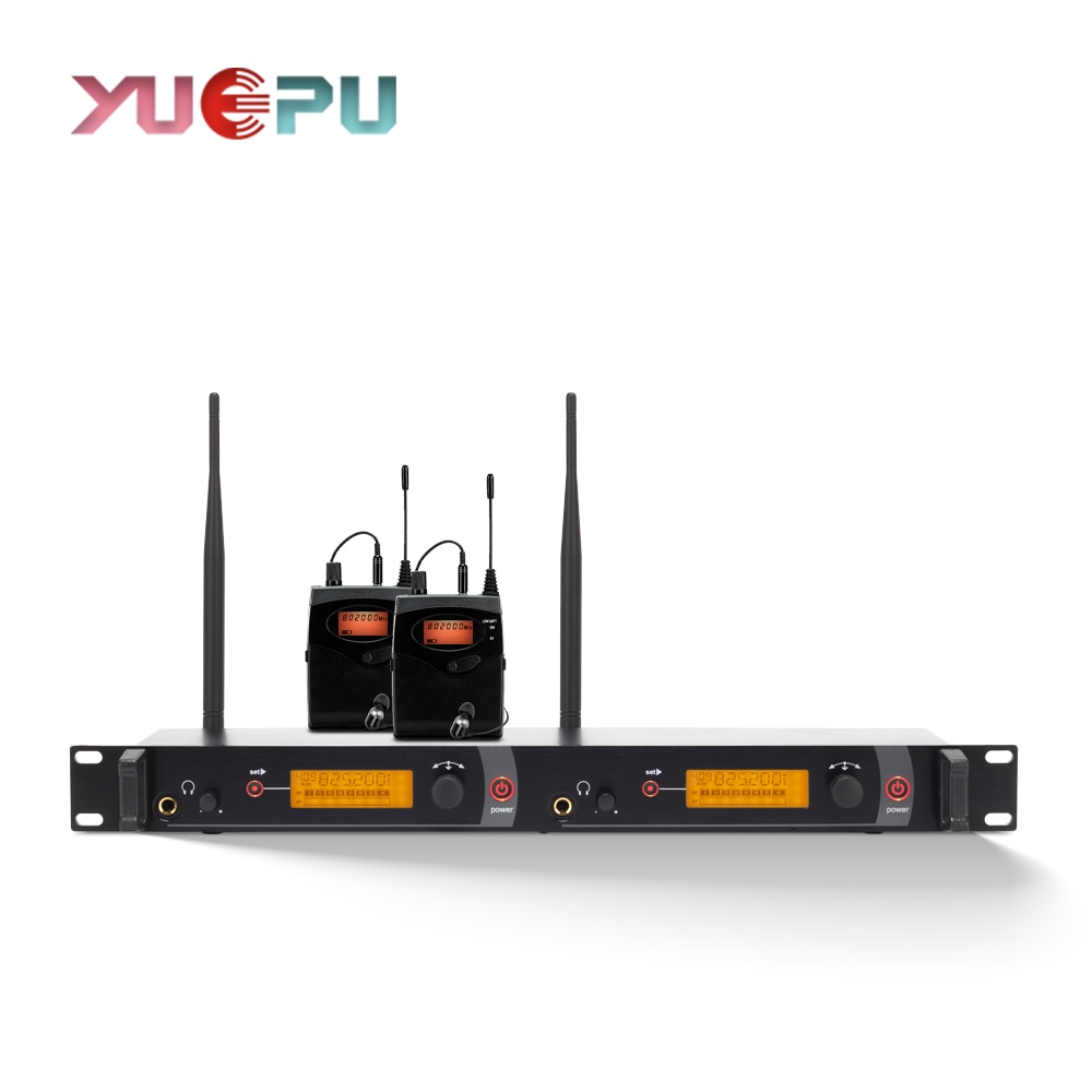 YUEPU-RU 2050 무선 인이어 모니터 시스템, 마이크 모니터링 마이크 듀얼 송신기 이어폰 2 채널 가수 무대 공연용